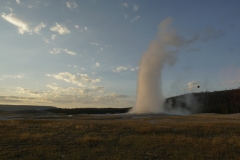 Old Faithful eruption at sunset